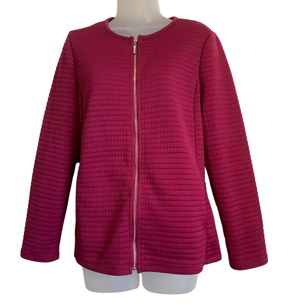 Chicos Magenta Pink Quilted Grid Full Zip Jacket Size 1 Medium Stretch Pink